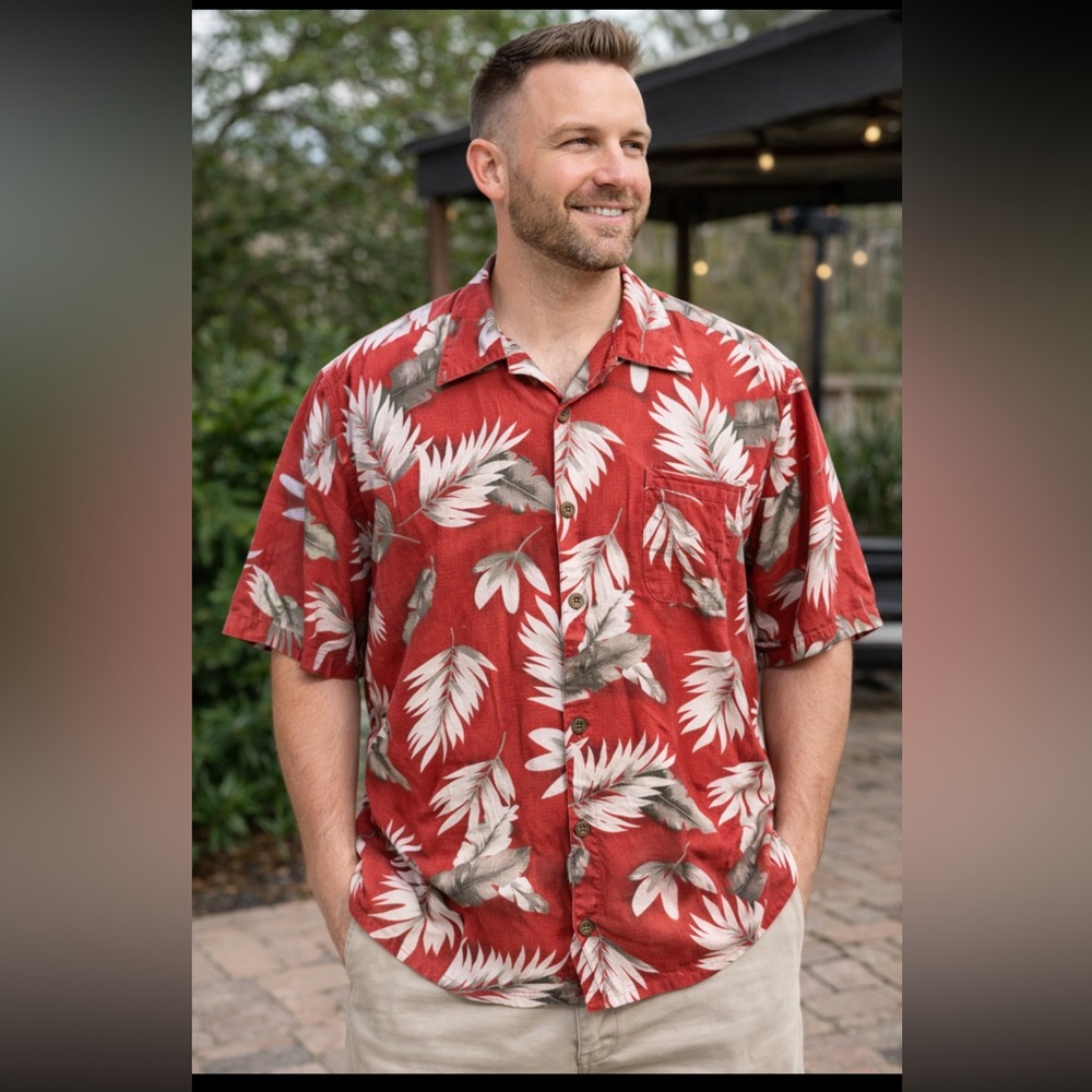 Banana Cabana Silk Hawaiian Shirt Mens L Red Tropical Camp Aloha Short Sleeve